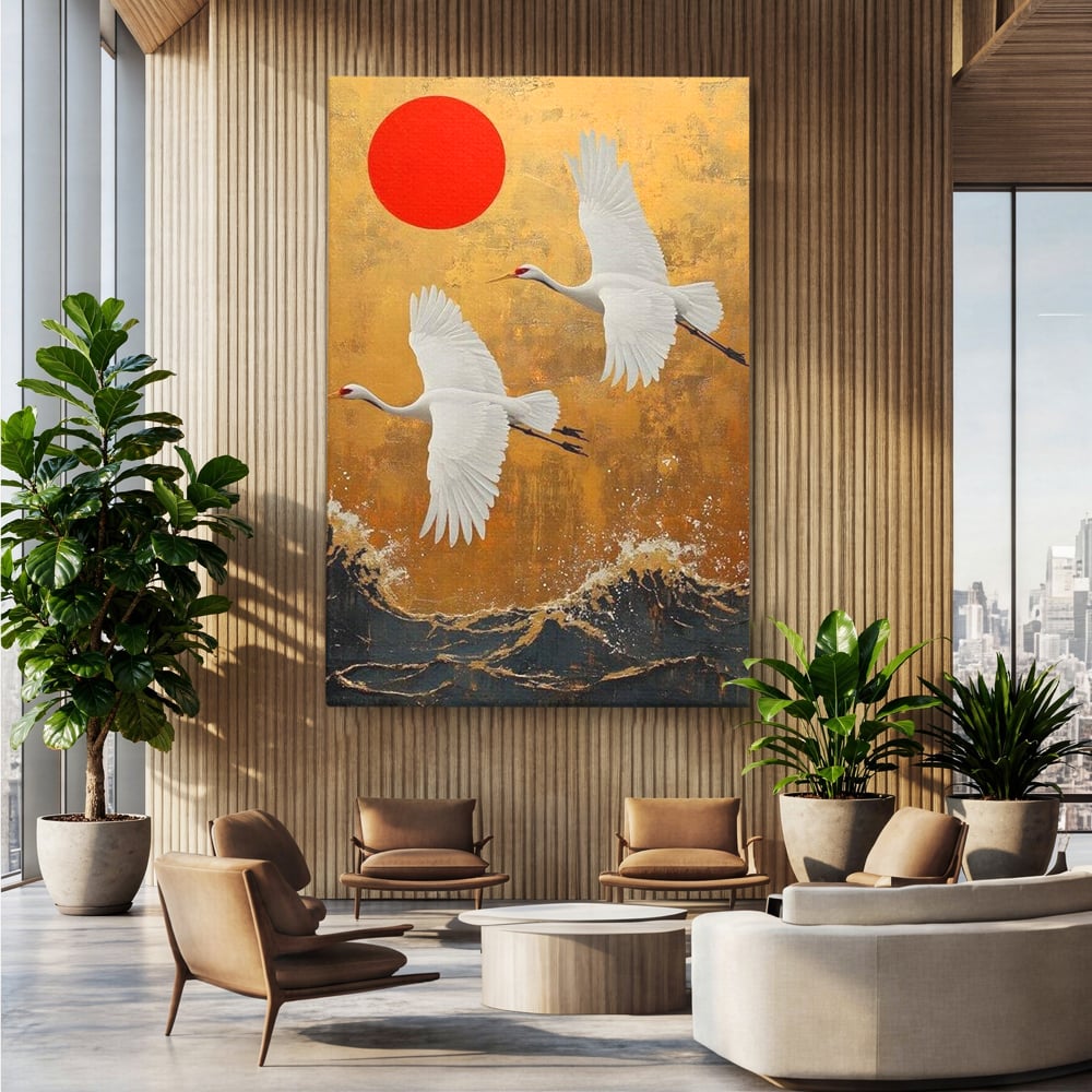 Tablou Canvas Premium, LuxCanva® M1085, Aripi Gemene spre Apus, Cocori, Pasari, Soare, Rosu, Auriu, Valuri, Zbor, Aripi, Pereche, Asiatic, Oriental, Birou, Living, Camera Copil