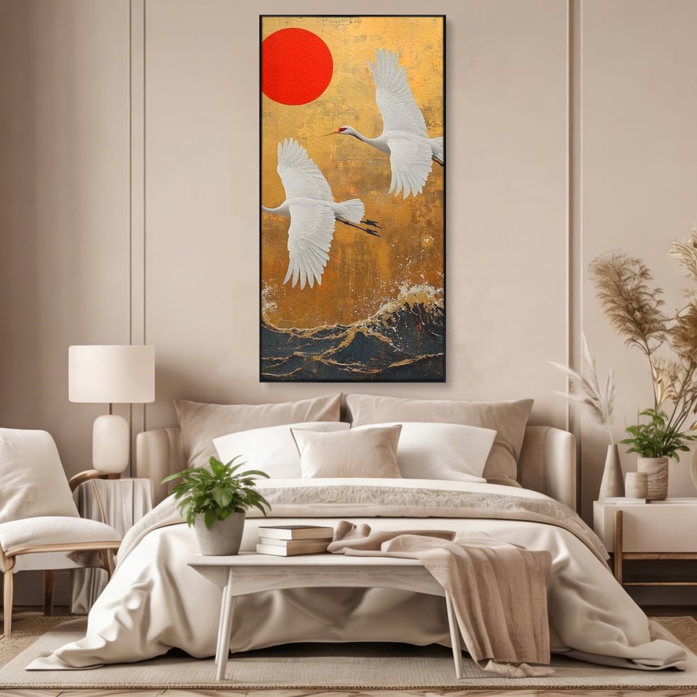 Tablou Canvas Premium, LuxCanva® M1085, Aripi Gemene spre Apus, Cocori, Pasari, Soare, Rosu, Auriu, Valuri, Zbor, Aripi, Pereche, Asiatic, Oriental, Birou, Living, Camera Copil