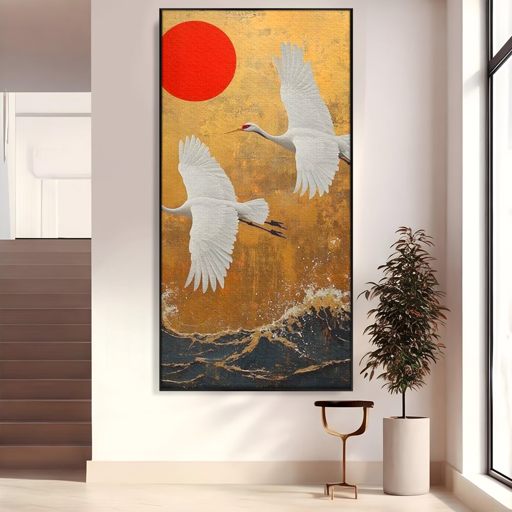Tablou Canvas Premium, LuxCanva® M1085, Aripi Gemene spre Apus, Cocori, Pasari, Soare, Rosu, Auriu, Valuri, Zbor, Aripi, Pereche, Asiatic, Oriental, Birou, Living, Camera Copil