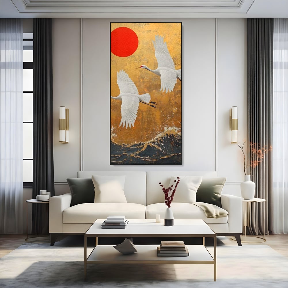 Tablou Canvas Premium, LuxCanva® M1085, Aripi Gemene spre Apus, Cocori, Pasari, Soare, Rosu, Auriu, Valuri, Zbor, Aripi, Pereche, Asiatic, Oriental, Birou, Living, Camera Copil