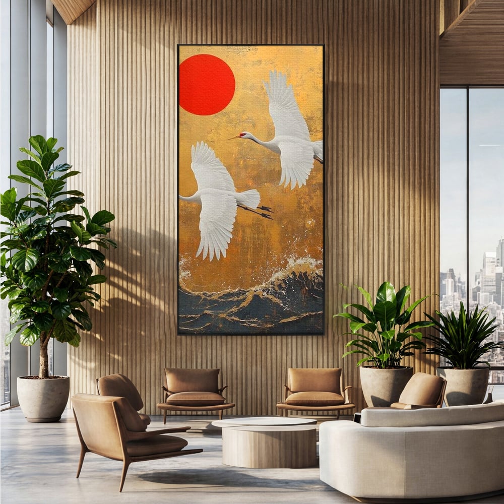 Tablou Canvas Premium, LuxCanva® M1085, Aripi Gemene spre Apus, Cocori, Pasari, Soare, Rosu, Auriu, Valuri, Zbor, Aripi, Pereche, Asiatic, Oriental, Birou, Living, Camera Copil