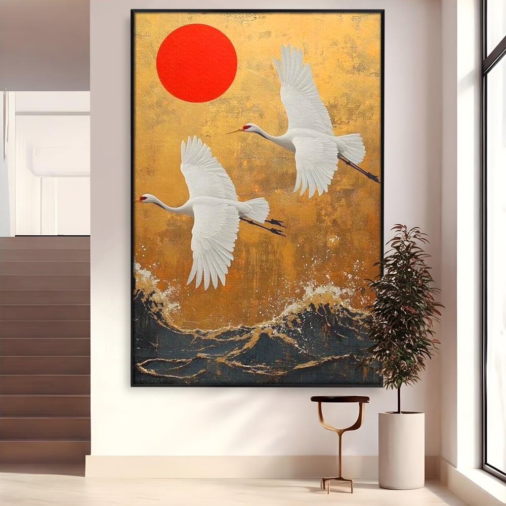 Tablou Canvas Premium, LuxCanva® M1085, Aripi Gemene spre Apus, Cocori, Pasari, Soare, Rosu, Auriu, Valuri, Zbor, Aripi, Pereche, Asiatic, Oriental, Birou, Living, Camera Copil
