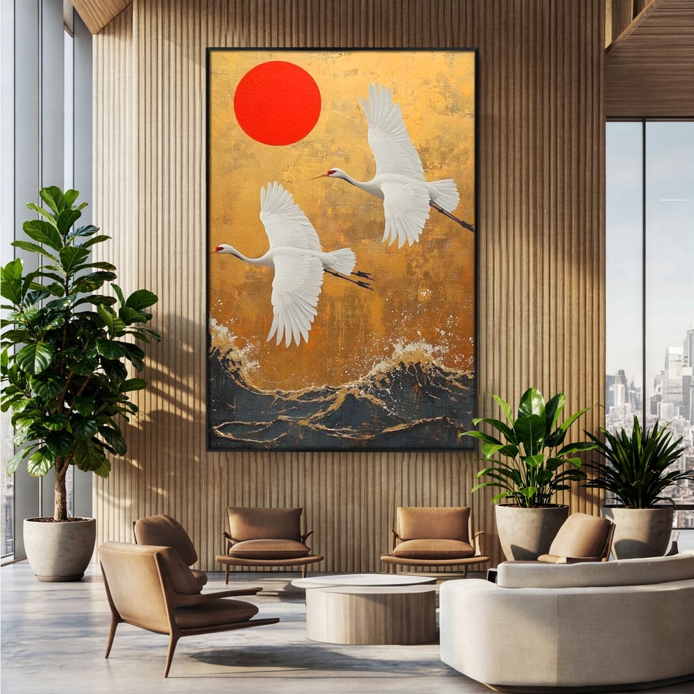 Tablou Canvas Premium, LuxCanva® M1085, Aripi Gemene spre Apus, Cocori, Pasari, Soare, Rosu, Auriu, Valuri, Zbor, Aripi, Pereche, Asiatic, Oriental, Birou, Living, Camera Copil