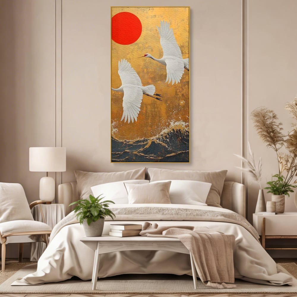 Tablou Canvas Premium, LuxCanva® M1085, Aripi Gemene spre Apus, Cocori, Pasari, Soare, Rosu, Auriu, Valuri, Zbor, Aripi, Pereche, Asiatic, Oriental, Birou, Living, Camera Copil