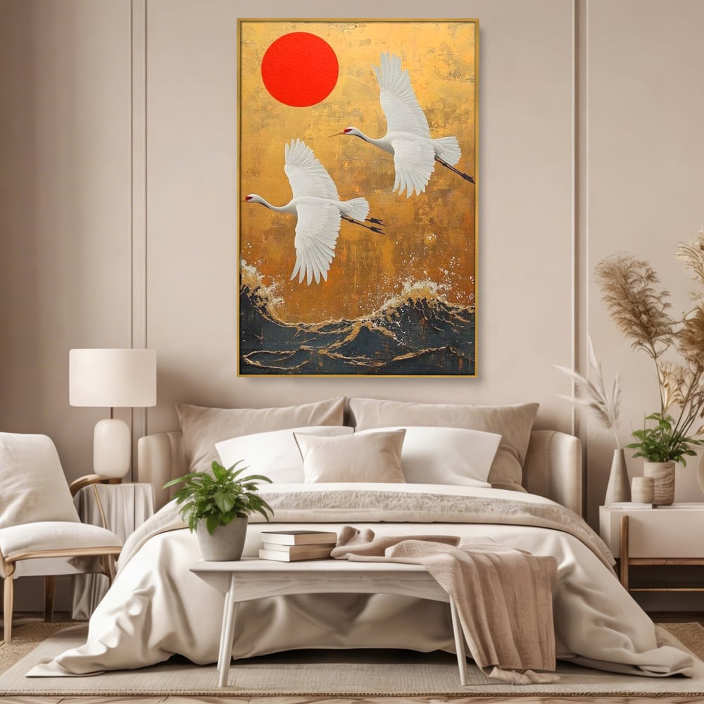 Tablou Canvas Premium, LuxCanva® M1085, Aripi Gemene spre Apus, Cocori, Pasari, Soare, Rosu, Auriu, Valuri, Zbor, Aripi, Pereche, Asiatic, Oriental, Birou, Living, Camera Copil