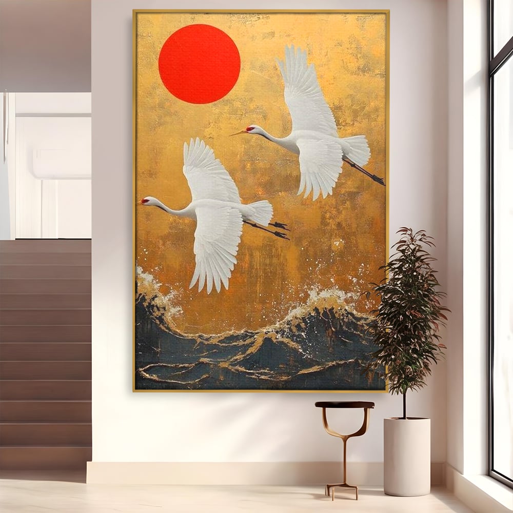 Tablou Canvas Premium, LuxCanva® M1085, Aripi Gemene spre Apus, Cocori, Pasari, Soare, Rosu, Auriu, Valuri, Zbor, Aripi, Pereche, Asiatic, Oriental, Birou, Living, Camera Copil