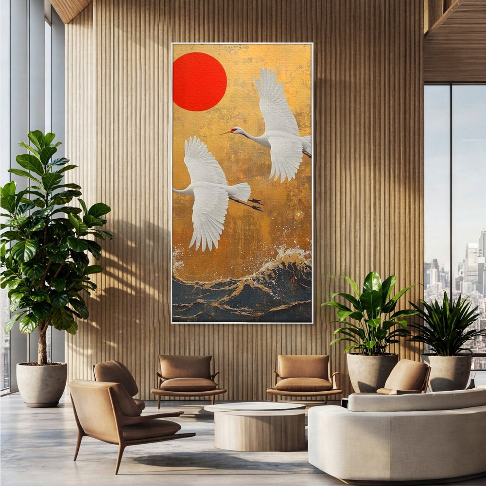 Tablou Canvas Premium, LuxCanva® M1085, Aripi Gemene spre Apus, Cocori, Pasari, Soare, Rosu, Auriu, Valuri, Zbor, Aripi, Pereche, Asiatic, Oriental, Birou, Living, Camera Copil