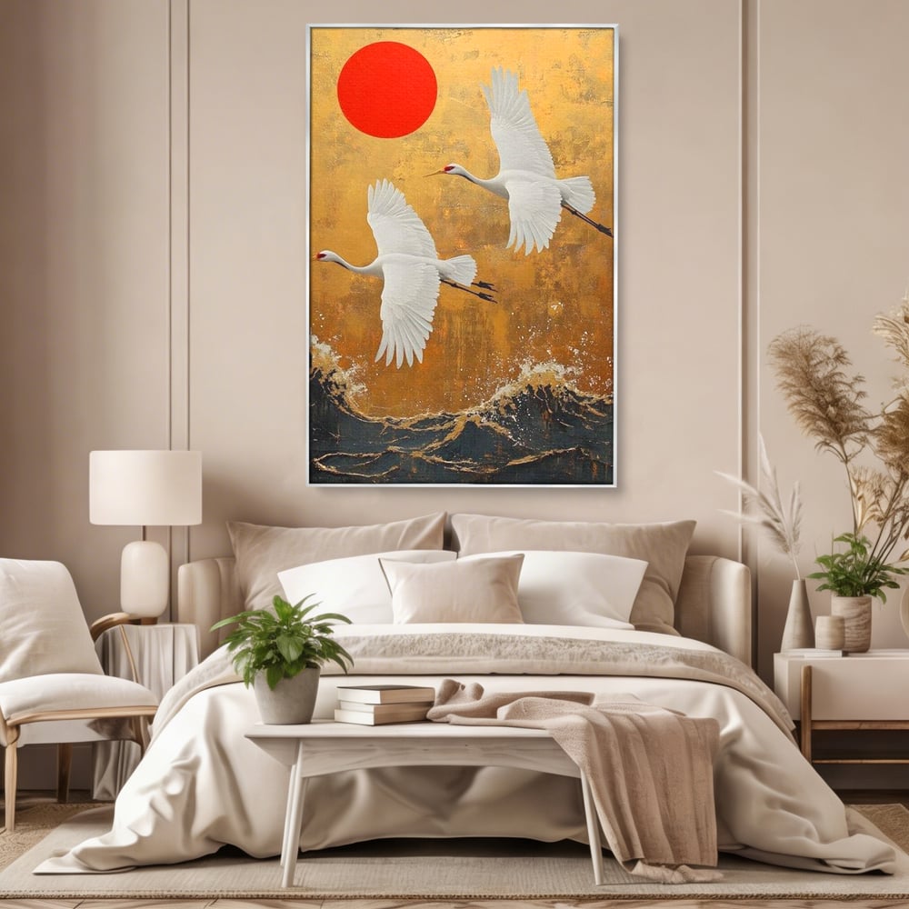 Tablou Canvas Premium, LuxCanva® M1085, Aripi Gemene spre Apus, Cocori, Pasari, Soare, Rosu, Auriu, Valuri, Zbor, Aripi, Pereche, Asiatic, Oriental, Birou, Living, Camera Copil