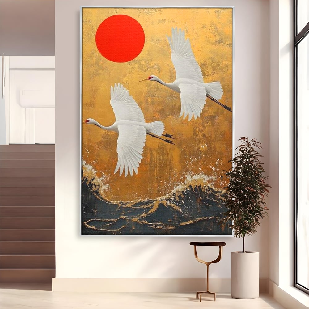 Tablou Canvas Premium, LuxCanva® M1085, Aripi Gemene spre Apus, Cocori, Pasari, Soare, Rosu, Auriu, Valuri, Zbor, Aripi, Pereche, Asiatic, Oriental, Birou, Living, Camera Copil