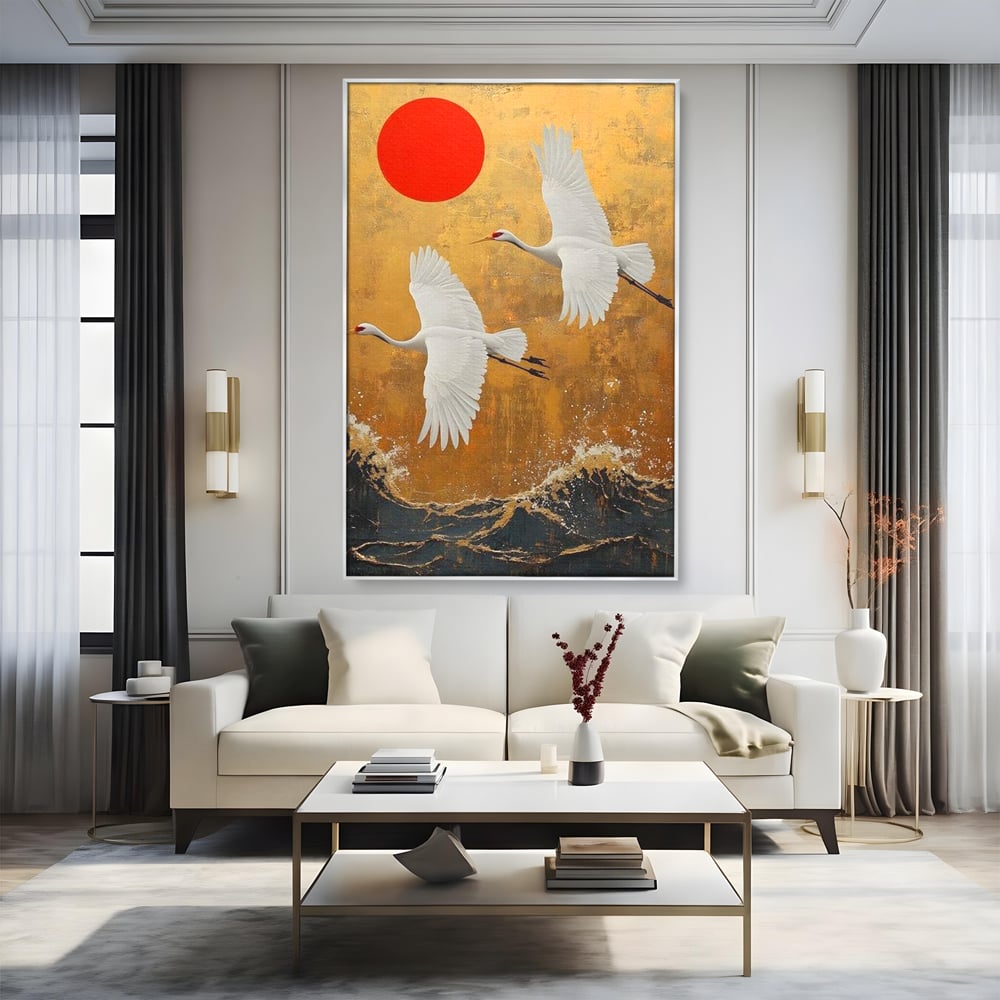 Tablou Canvas Premium, LuxCanva® M1085, Aripi Gemene spre Apus, Cocori, Pasari, Soare, Rosu, Auriu, Valuri, Zbor, Aripi, Pereche, Asiatic, Oriental, Birou, Living, Camera Copil