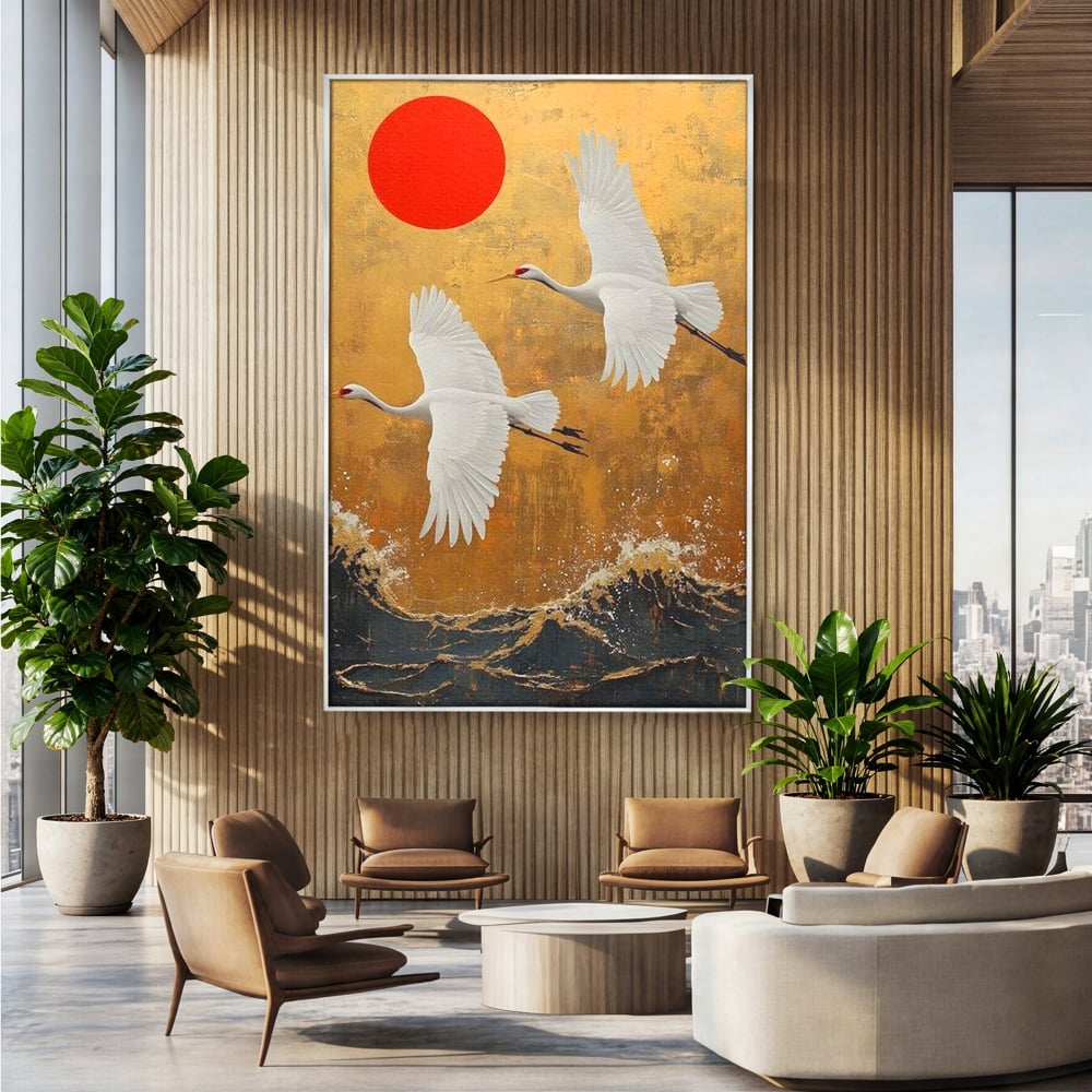 Tablou Canvas Premium, LuxCanva® M1085, Aripi Gemene spre Apus, Cocori, Pasari, Soare, Rosu, Auriu, Valuri, Zbor, Aripi, Pereche, Asiatic, Oriental, Birou, Living, Camera Copil