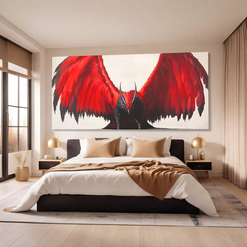 Leinwandbilder Premium, LuxCanva® M1086, Krieger des Abgrunds, Adler, Flügel, Rot, Schwarz, Böse, Hörner, Klauen, Gericht, Mystiker, Vogel, Symbolik, Büro, Wohnen, Kinderzimmer