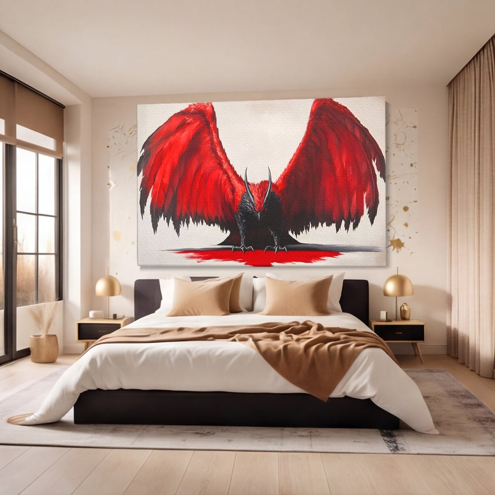 Leinwandbilder Premium, LuxCanva® M1086, Krieger des Abgrunds, Adler, Flügel, Rot, Schwarz, Böse, Hörner, Klauen, Gericht, Mystiker, Vogel, Symbolik, Büro, Wohnen, Kinderzimmer