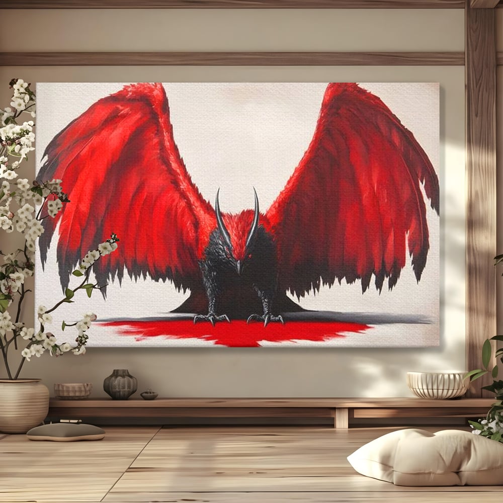 Leinwandbilder Premium, LuxCanva® M1086, Krieger des Abgrunds, Adler, Flügel, Rot, Schwarz, Böse, Hörner, Klauen, Gericht, Mystiker, Vogel, Symbolik, Büro, Wohnen, Kinderzimmer