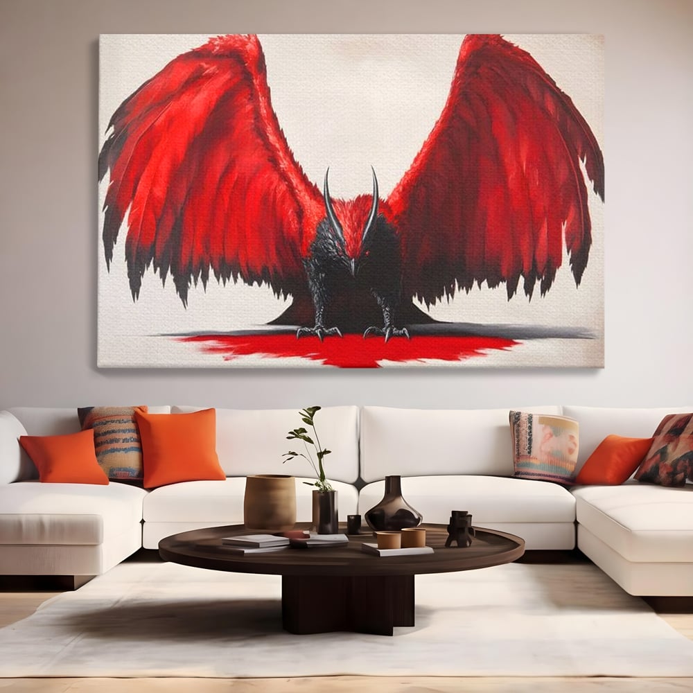 Leinwandbilder Premium, LuxCanva® M1086, Krieger des Abgrunds, Adler, Flügel, Rot, Schwarz, Böse, Hörner, Klauen, Gericht, Mystiker, Vogel, Symbolik, Büro, Wohnen, Kinderzimmer