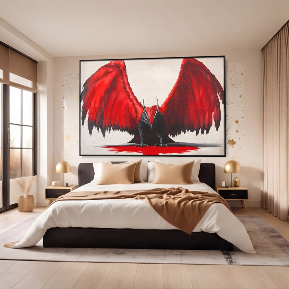 Leinwandbilder Premium, LuxCanva® M1086, Krieger des Abgrunds, Adler, Flügel, Rot, Schwarz, Böse, Hörner, Klauen, Gericht, Mystiker, Vogel, Symbolik, Büro, Wohnen, Kinderzimmer