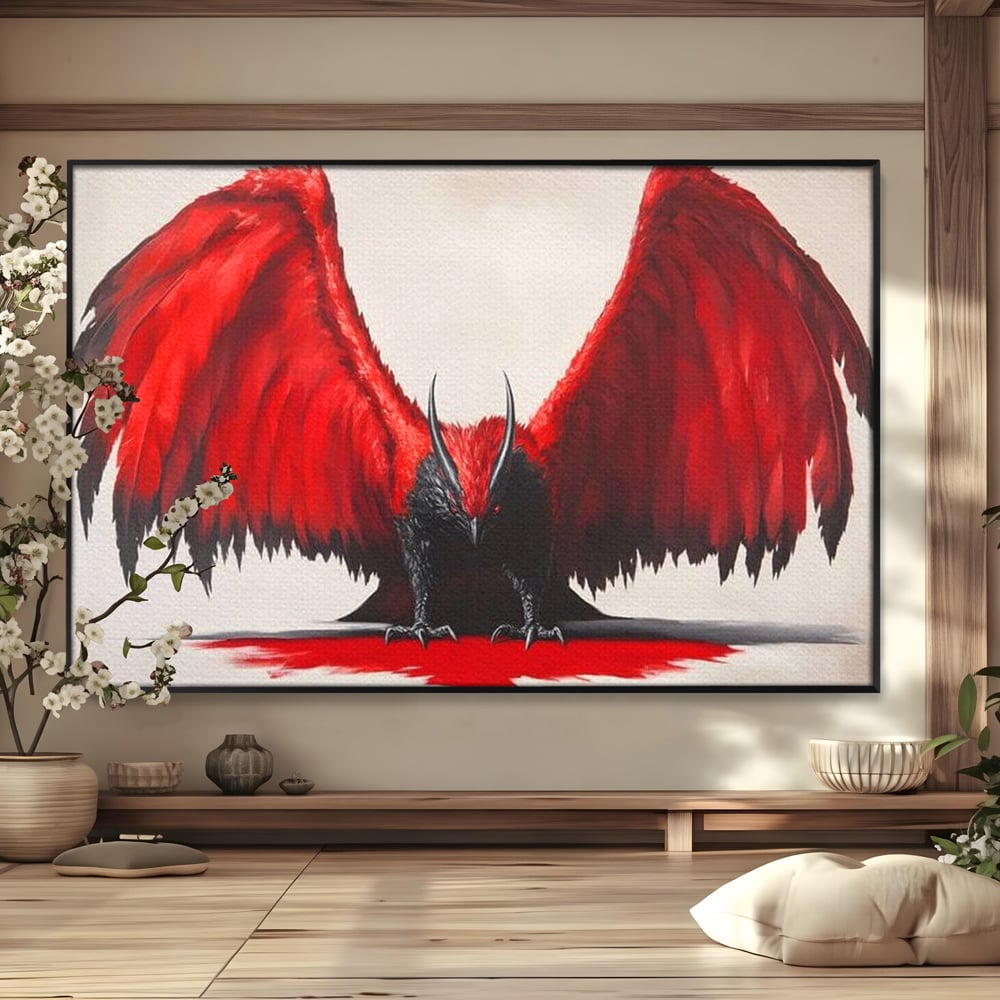 Leinwandbilder Premium, LuxCanva® M1086, Krieger des Abgrunds, Adler, Flügel, Rot, Schwarz, Böse, Hörner, Klauen, Gericht, Mystiker, Vogel, Symbolik, Büro, Wohnen, Kinderzimmer