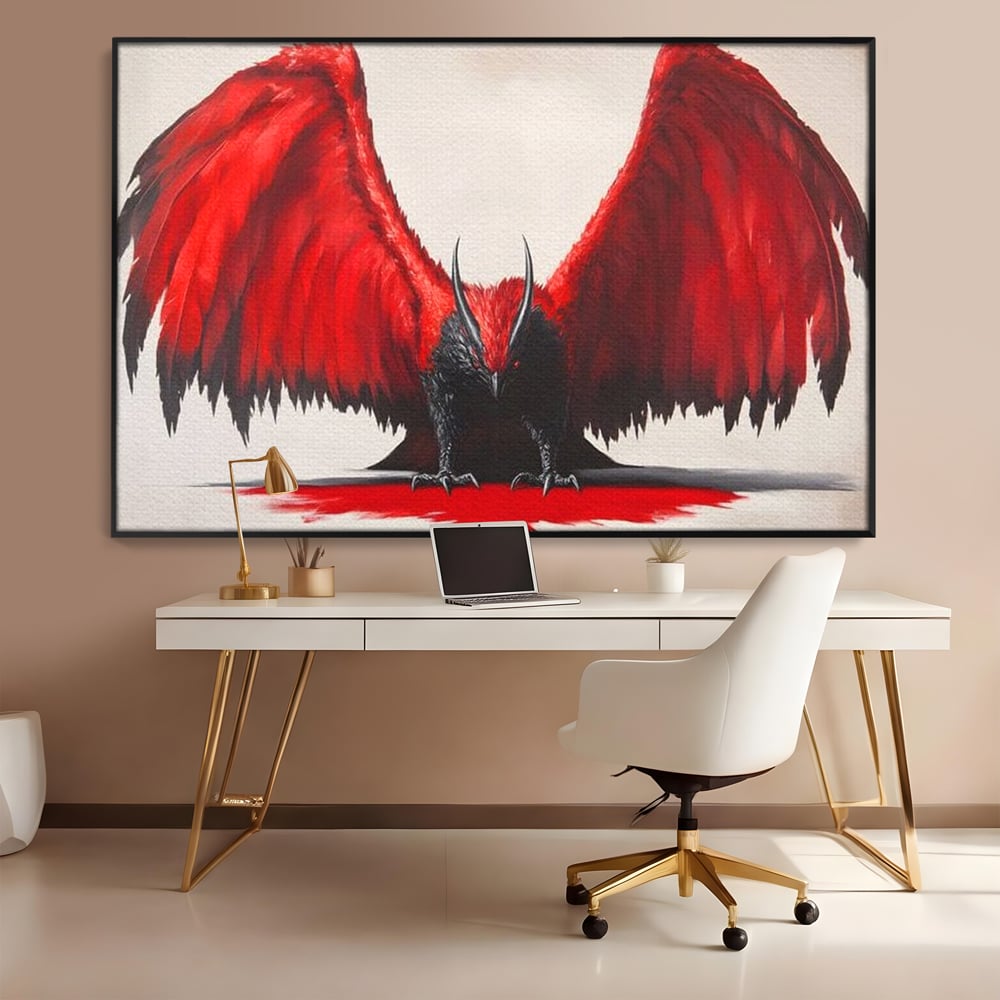 Leinwandbilder Premium, LuxCanva® M1086, Krieger des Abgrunds, Adler, Flügel, Rot, Schwarz, Böse, Hörner, Klauen, Gericht, Mystiker, Vogel, Symbolik, Büro, Wohnen, Kinderzimmer