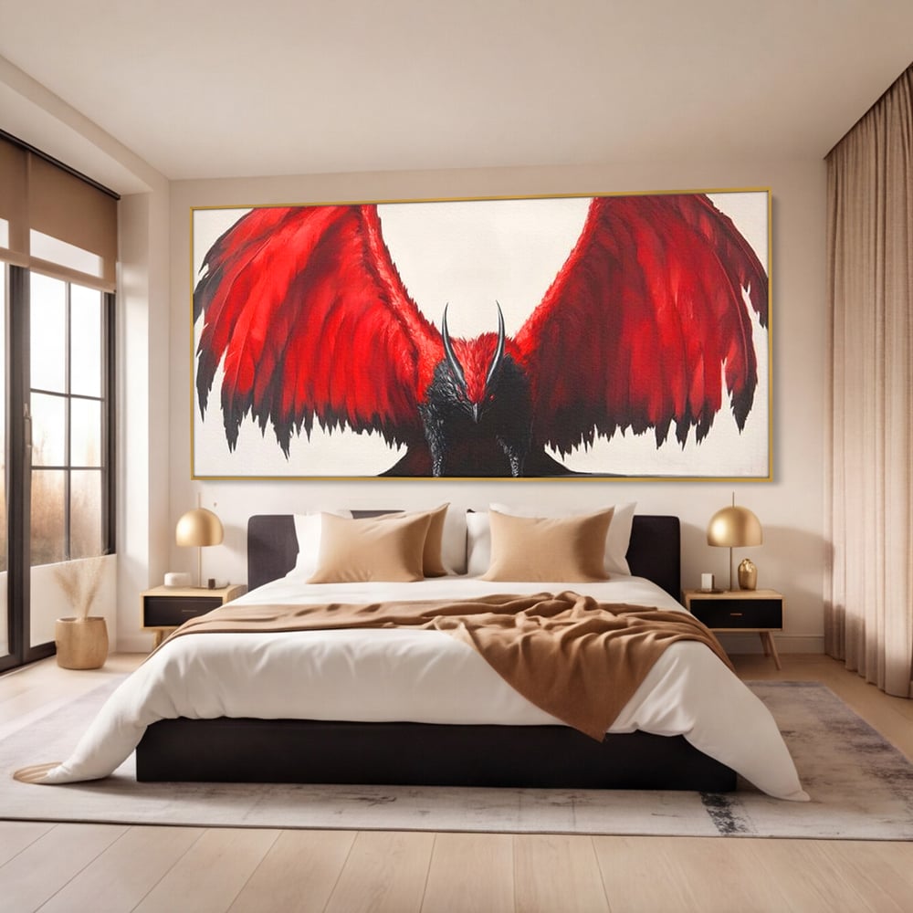 Leinwandbilder Premium, LuxCanva® M1086, Krieger des Abgrunds, Adler, Flügel, Rot, Schwarz, Böse, Hörner, Klauen, Gericht, Mystiker, Vogel, Symbolik, Büro, Wohnen, Kinderzimmer