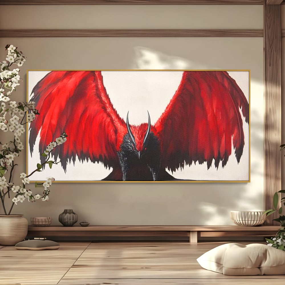 Leinwandbilder Premium, LuxCanva® M1086, Krieger des Abgrunds, Adler, Flügel, Rot, Schwarz, Böse, Hörner, Klauen, Gericht, Mystiker, Vogel, Symbolik, Büro, Wohnen, Kinderzimmer