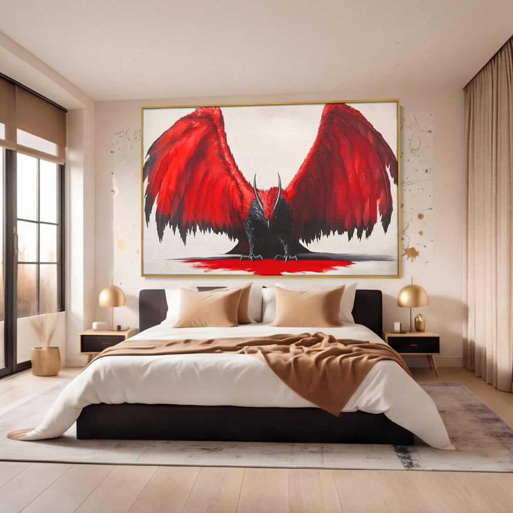 Leinwandbilder Premium, LuxCanva® M1086, Krieger des Abgrunds, Adler, Flügel, Rot, Schwarz, Böse, Hörner, Klauen, Gericht, Mystiker, Vogel, Symbolik, Büro, Wohnen, Kinderzimmer