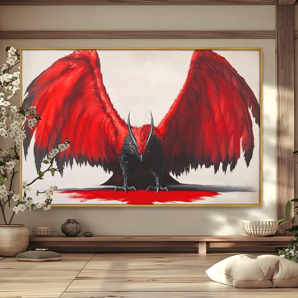 Leinwandbilder Premium, LuxCanva® M1086, Krieger des Abgrunds, Adler, Flügel, Rot, Schwarz, Böse, Hörner, Klauen, Gericht, Mystiker, Vogel, Symbolik, Büro, Wohnen, Kinderzimmer