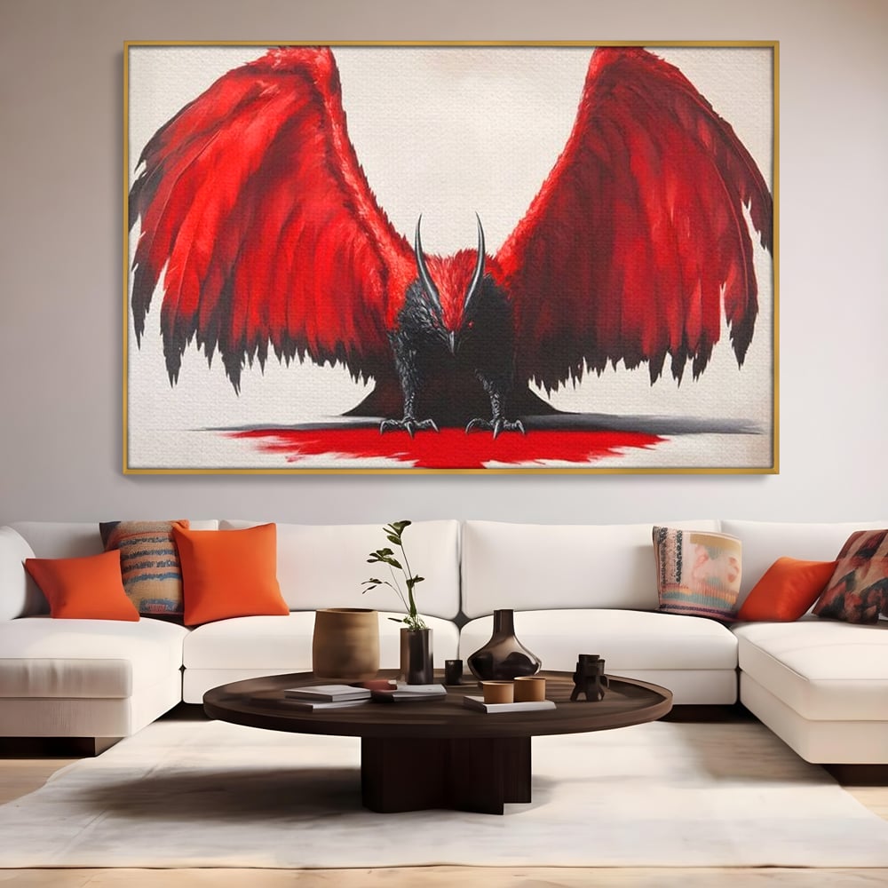 Leinwandbilder Premium, LuxCanva® M1086, Krieger des Abgrunds, Adler, Flügel, Rot, Schwarz, Böse, Hörner, Klauen, Gericht, Mystiker, Vogel, Symbolik, Büro, Wohnen, Kinderzimmer