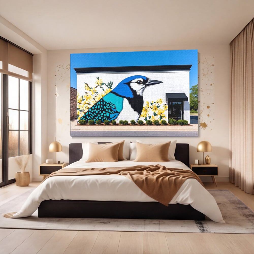 Tablou Canvas Premium, LuxCanva® M1087, Coltul Viu al Orasului, Mural, Urban, Graffiti, Perete, Caramida, Zid, Constructie, Pasare, Flori, Pictura, Street Art, Birou, Living, Camera Copil