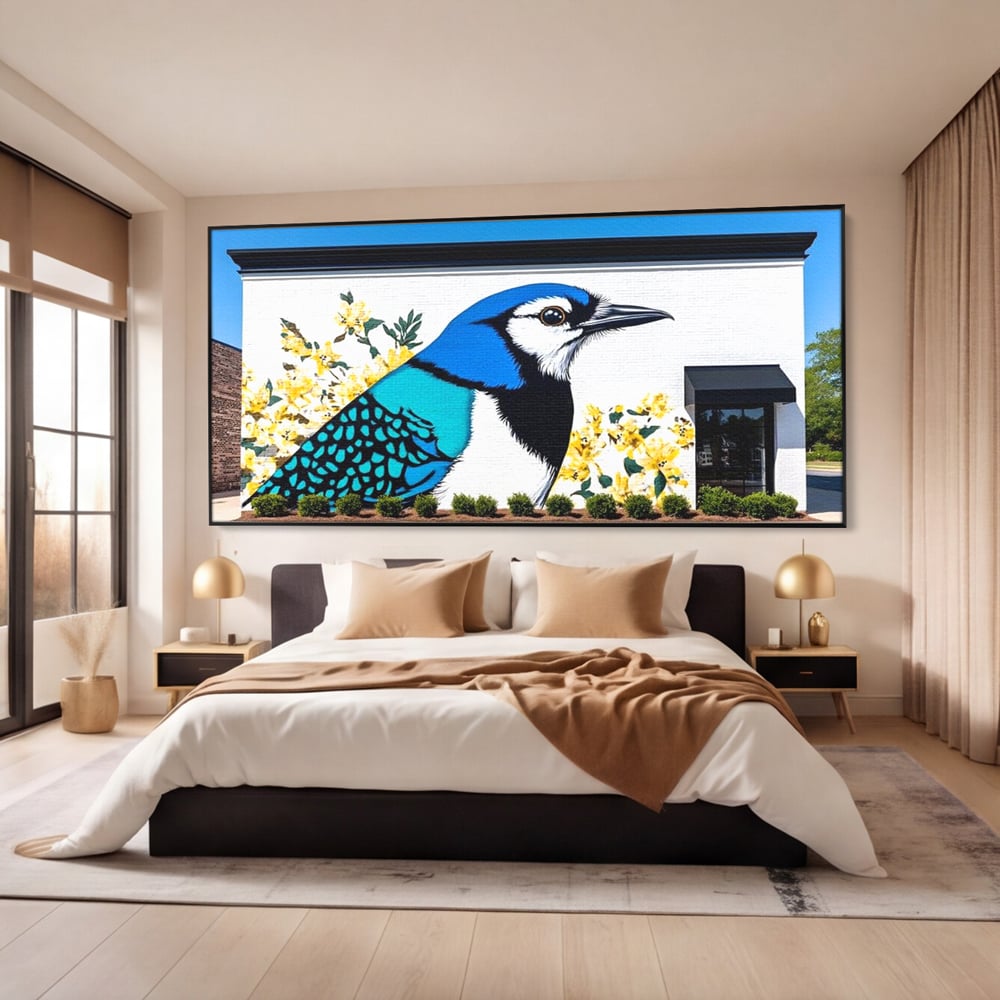 Tablou Canvas Premium, LuxCanva® M1087, Coltul Viu al Orasului, Mural, Urban, Graffiti, Perete, Caramida, Zid, Constructie, Pasare, Flori, Pictura, Street Art, Birou, Living, Camera Copil