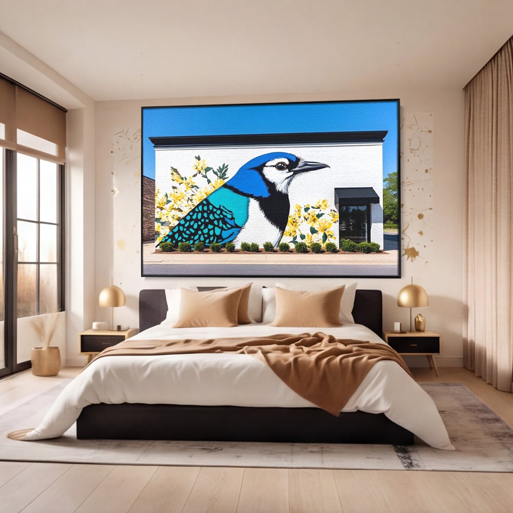Tablou Canvas Premium, LuxCanva® M1087, Coltul Viu al Orasului, Mural, Urban, Graffiti, Perete, Caramida, Zid, Constructie, Pasare, Flori, Pictura, Street Art, Birou, Living, Camera Copil