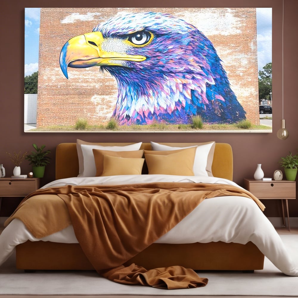 Tablou Canvas Premium, LuxCanva® M1088, Regele Cartierului, Uliu, Pasare, Zid, Caramida, Street Art, Oras, Cartier, Graffiti, Urban, Rebel, Culori Vibrante, Birou, Living, Camera Copil