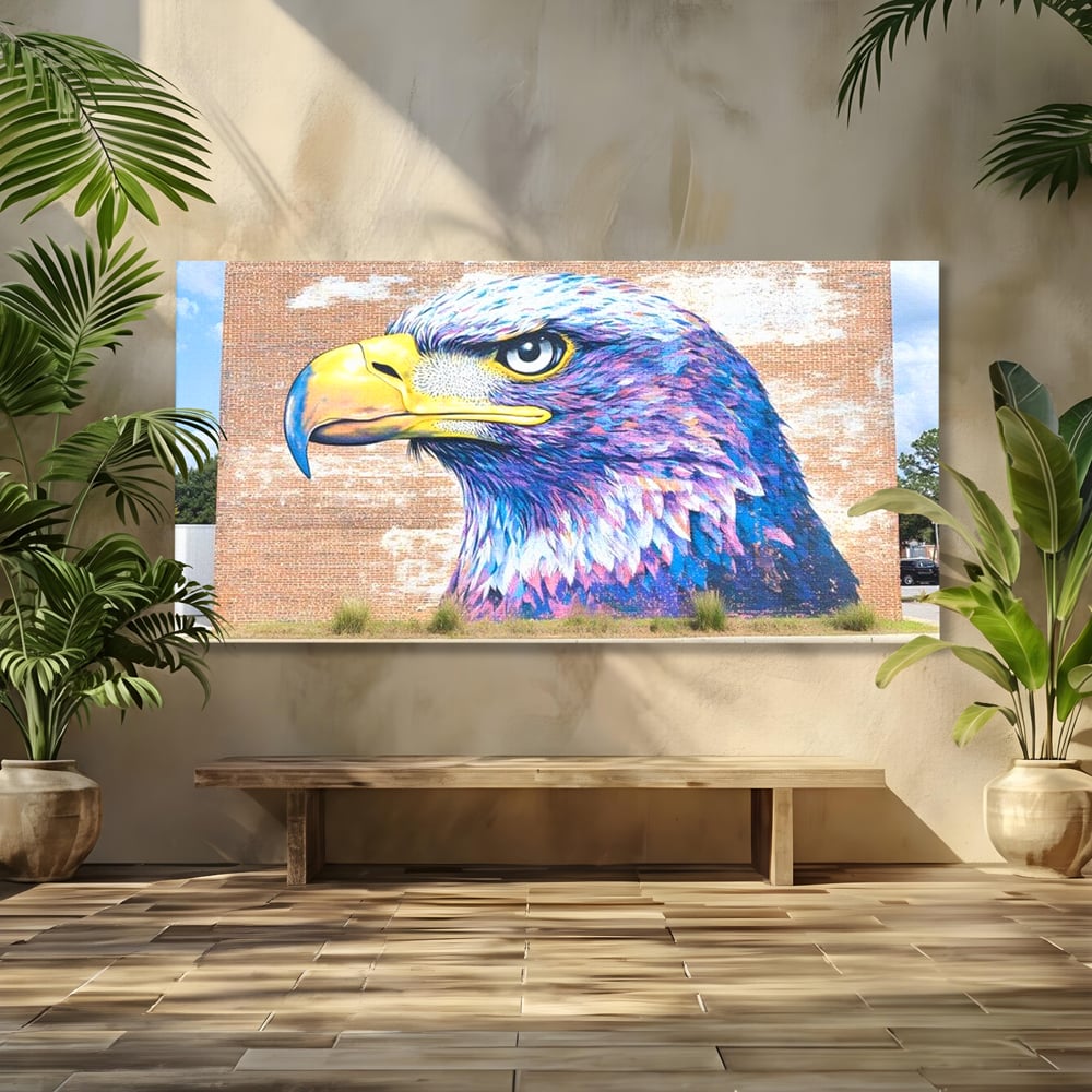 Tablou Canvas Premium, LuxCanva® M1088, Regele Cartierului, Uliu, Pasare, Zid, Caramida, Street Art, Oras, Cartier, Graffiti, Urban, Rebel, Culori Vibrante, Birou, Living, Camera Copil