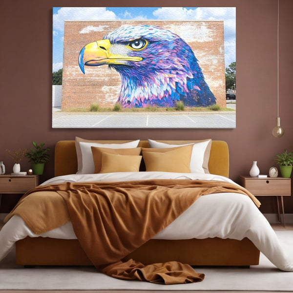 Tablou Canvas Premium, LuxCanva® M1088, Regele Cartierului, Uliu, Pasare, Zid, Caramida, Street Art, Oras, Cartier, Graffiti, Urban, Rebel, Culori Vibrante, Birou, Living, Camera Copil