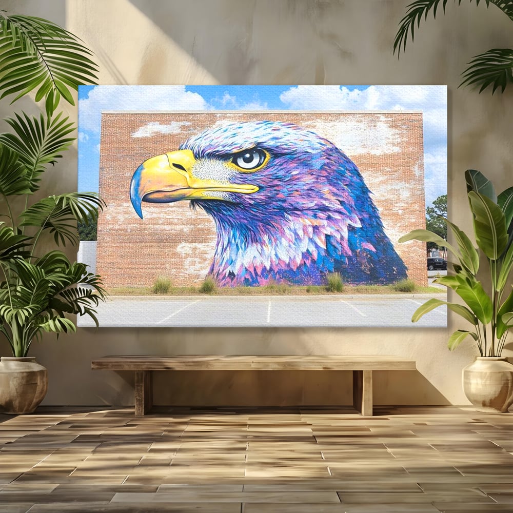 Tablou Canvas Premium, LuxCanva® M1088, Regele Cartierului, Uliu, Pasare, Zid, Caramida, Street Art, Oras, Cartier, Graffiti, Urban, Rebel, Culori Vibrante, Birou, Living, Camera Copil