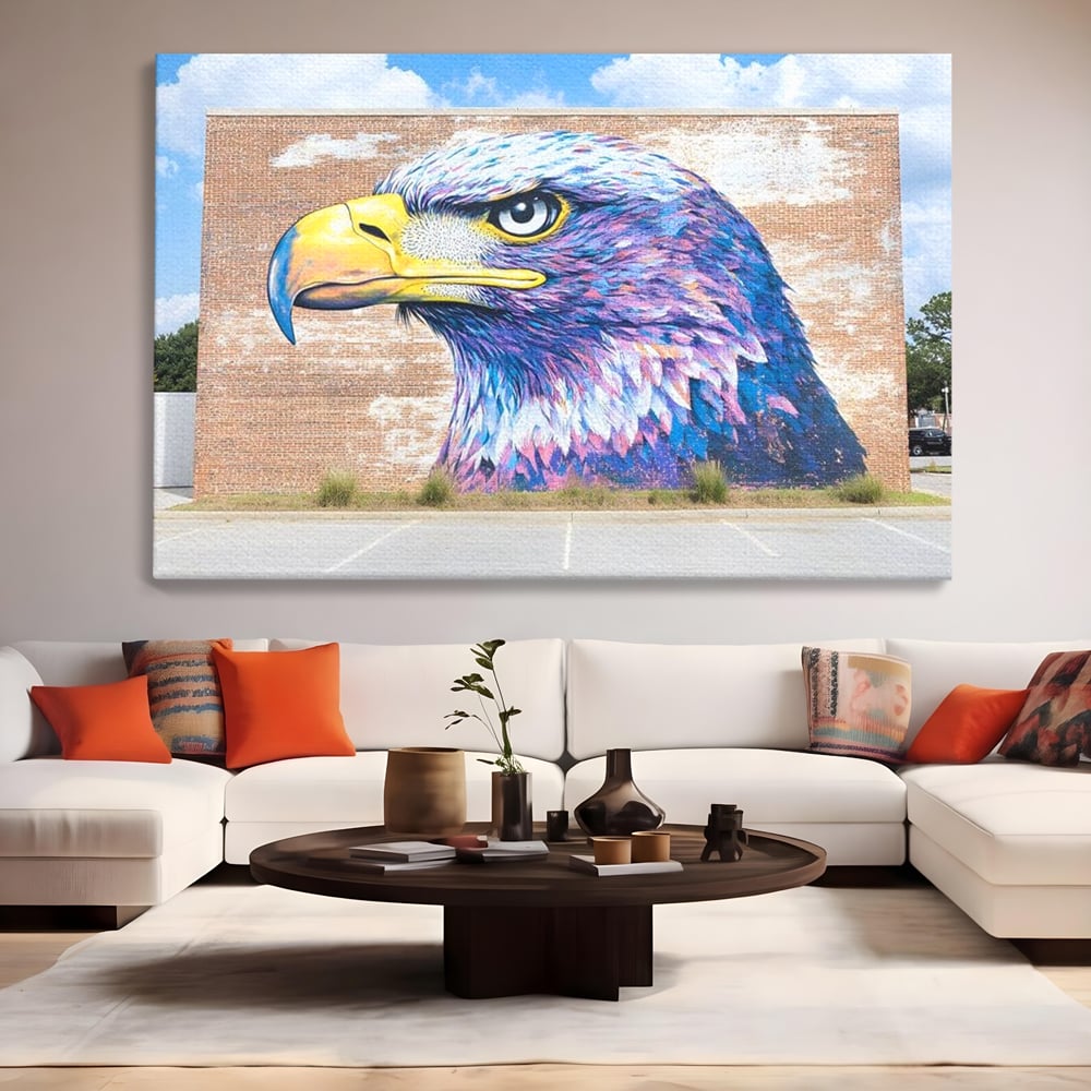 Tablou Canvas Premium, LuxCanva® M1088, Regele Cartierului, Uliu, Pasare, Zid, Caramida, Street Art, Oras, Cartier, Graffiti, Urban, Rebel, Culori Vibrante, Birou, Living, Camera Copil