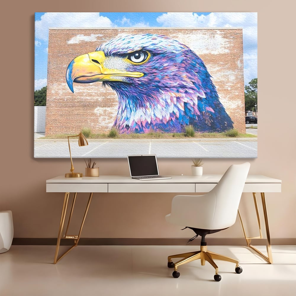 Tablou Canvas Premium, LuxCanva® M1088, Regele Cartierului, Uliu, Pasare, Zid, Caramida, Street Art, Oras, Cartier, Graffiti, Urban, Rebel, Culori Vibrante, Birou, Living, Camera Copil