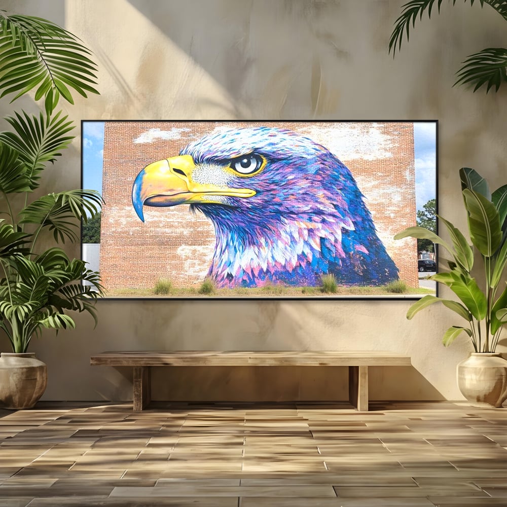Tablou Canvas Premium, LuxCanva® M1088, Regele Cartierului, Uliu, Pasare, Zid, Caramida, Street Art, Oras, Cartier, Graffiti, Urban, Rebel, Culori Vibrante, Birou, Living, Camera Copil