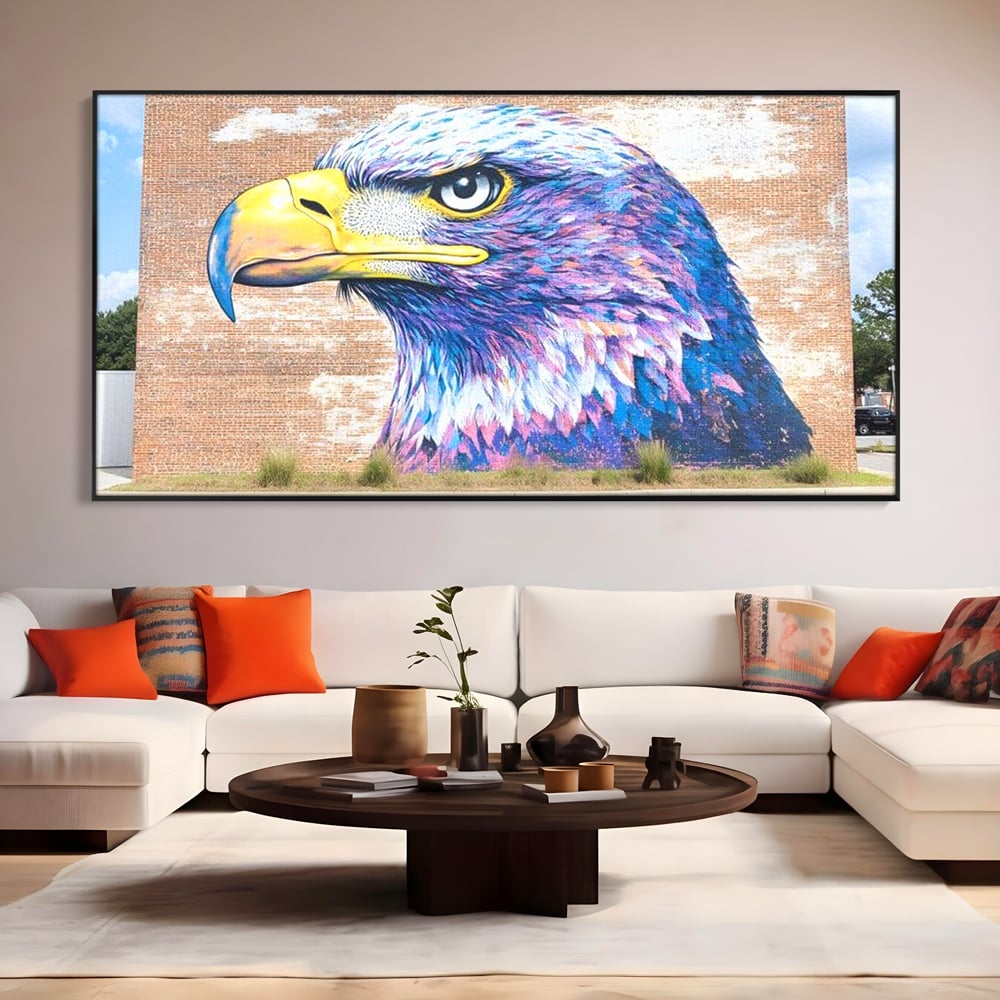 Tablou Canvas Premium, LuxCanva® M1088, Regele Cartierului, Uliu, Pasare, Zid, Caramida, Street Art, Oras, Cartier, Graffiti, Urban, Rebel, Culori Vibrante, Birou, Living, Camera Copil
