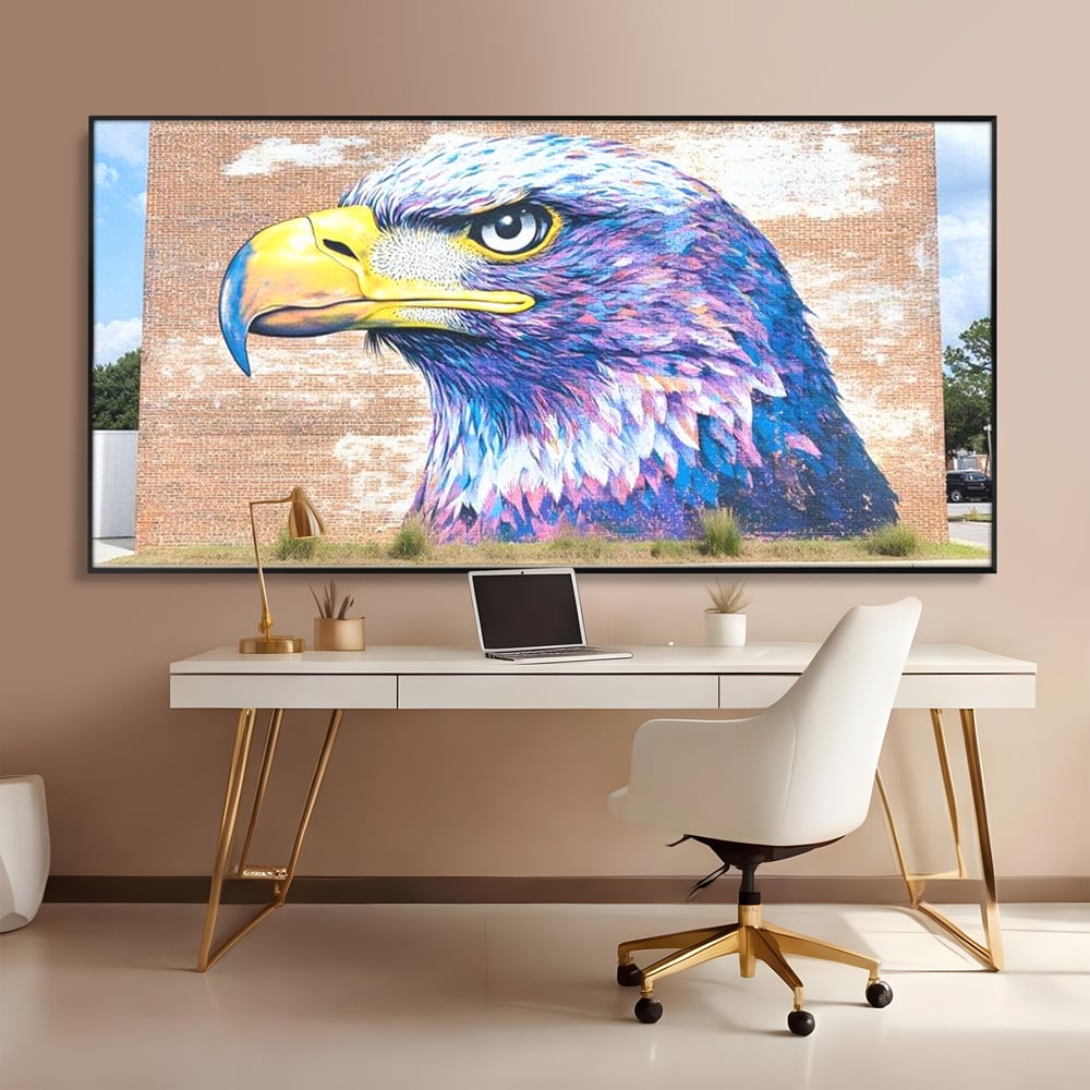 Tablou Canvas Premium, LuxCanva® M1088, Regele Cartierului, Uliu, Pasare, Zid, Caramida, Street Art, Oras, Cartier, Graffiti, Urban, Rebel, Culori Vibrante, Birou, Living, Camera Copil