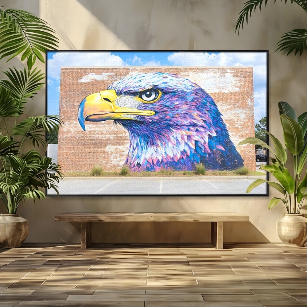 Tablou Canvas Premium, LuxCanva® M1088, Regele Cartierului, Uliu, Pasare, Zid, Caramida, Street Art, Oras, Cartier, Graffiti, Urban, Rebel, Culori Vibrante, Birou, Living, Camera Copil