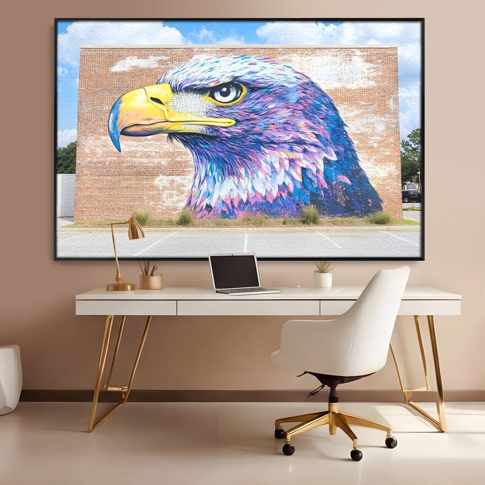 Tablou Canvas Premium, LuxCanva® M1088, Regele Cartierului, Uliu, Pasare, Zid, Caramida, Street Art, Oras, Cartier, Graffiti, Urban, Rebel, Culori Vibrante, Birou, Living, Camera Copil