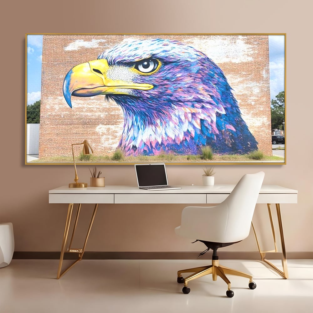 Tablou Canvas Premium, LuxCanva® M1088, Regele Cartierului, Uliu, Pasare, Zid, Caramida, Street Art, Oras, Cartier, Graffiti, Urban, Rebel, Culori Vibrante, Birou, Living, Camera Copil