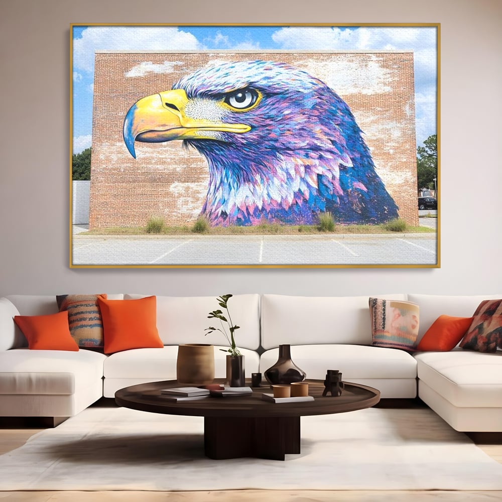 Tablou Canvas Premium, LuxCanva® M1088, Regele Cartierului, Uliu, Pasare, Zid, Caramida, Street Art, Oras, Cartier, Graffiti, Urban, Rebel, Culori Vibrante, Birou, Living, Camera Copil