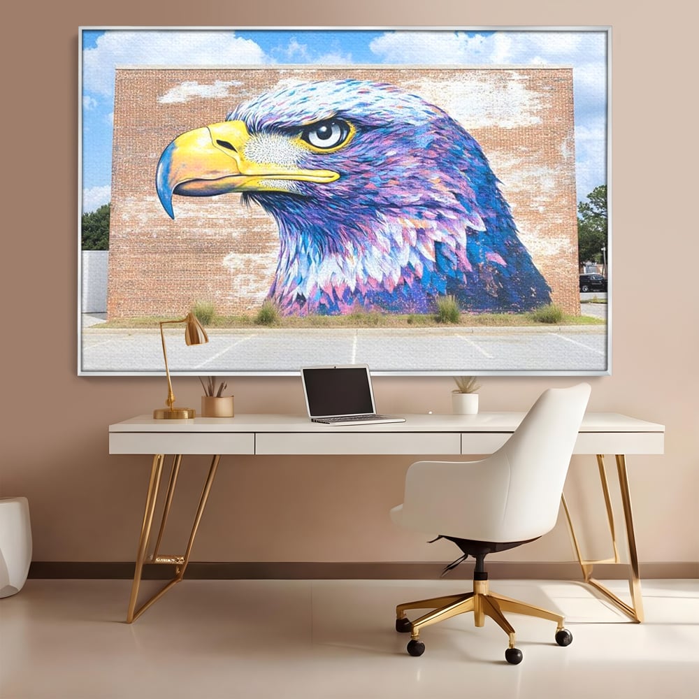 Tablou Canvas Premium, LuxCanva® M1088, Regele Cartierului, Uliu, Pasare, Zid, Caramida, Street Art, Oras, Cartier, Graffiti, Urban, Rebel, Culori Vibrante, Birou, Living, Camera Copil