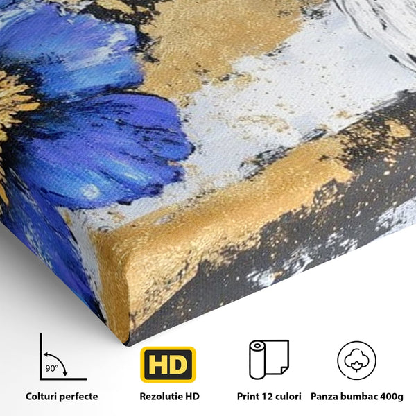 Tablou Canvas Premium, LuxCanva® M1089, Simbioza Regala, Soim, Floare, Petale, Textura, Auriu, Arta, Eleganta, Contrast, Pictura, Detalii, Cobalt, Regal, Birou, Living, Camera Copil