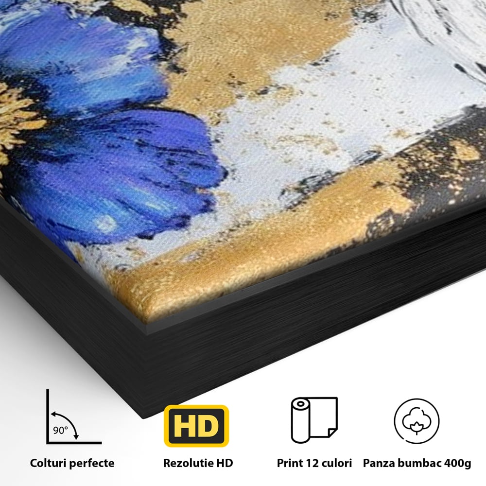 Tablou Canvas Premium, LuxCanva® M1089, Simbioza Regala, Soim, Floare, Petale, Textura, Auriu, Arta, Eleganta, Contrast, Pictura, Detalii, Cobalt, Regal, Birou, Living, Camera Copil