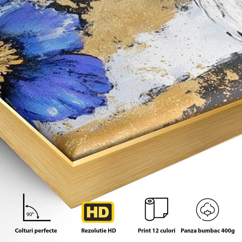 Tablou Canvas Premium, LuxCanva® M1089, Simbioza Regala, Soim, Floare, Petale, Textura, Auriu, Arta, Eleganta, Contrast, Pictura, Detalii, Cobalt, Regal, Birou, Living, Camera Copil
