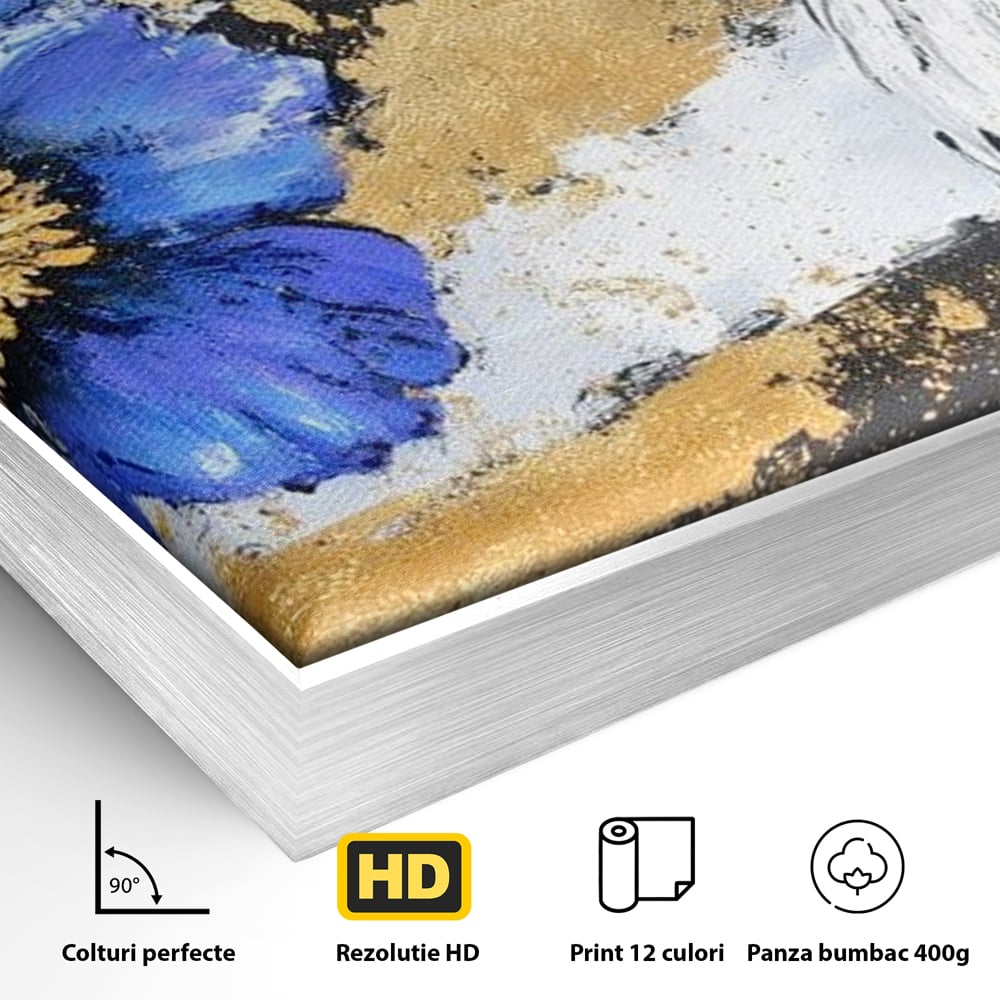 Tablou Canvas Premium, LuxCanva® M1089, Simbioza Regala, Soim, Floare, Petale, Textura, Auriu, Arta, Eleganta, Contrast, Pictura, Detalii, Cobalt, Regal, Birou, Living, Camera Copil