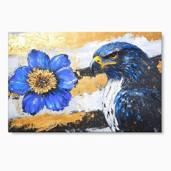 Tablou Canvas Premium, LuxCanva® M1089, Simbioza Regala, Soim, Floare, Petale, Textura, Auriu, Arta, Eleganta, Contrast, Pictura, Detalii, Cobalt, Regal, Birou, Living, Camera Copil