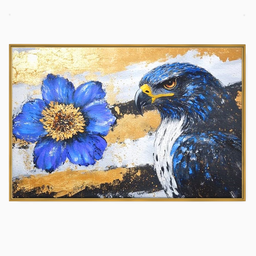 Tablou Canvas Premium, LuxCanva® M1089, Simbioza Regala, Soim, Floare, Petale, Textura, Auriu, Arta, Eleganta, Contrast, Pictura, Detalii, Cobalt, Regal, Birou, Living, Camera Copil